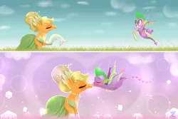 Size: 3000x2000 | Tagged: safe, artist:darksly, derpibooru import, applejack, spike, dragon, earth pony, pony, g4, 2 panel comic, age difference, alternate hairstyle, clothes, comic, commission, dress, duo, duo male and female, evening gloves, eyes closed, female, gloves, handkerchief, high res, image, jewelry, jpeg, kiss on the lips, kissing, long gloves, male, mare, necklace, ship:applespike, shipping, straight, winged spike, wings