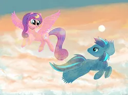 Size: 2732x2048 | Tagged: safe, artist:felisamafeles, derpibooru import, oc, oc:star silk, oc:vibrant grove, unofficial characters only, pegasus, pony, cloud, cloudy, cute, digital art, dusk, flying, image, innocent, pegasus oc, png, smiling, spread wings, sun, wings