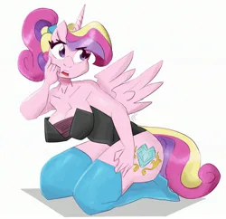 Size: 3000x2906 | Tagged: suggestive, artist:flutterthrash, derpibooru import, princess cadance, alicorn, anthro, plantigrade anthro, g4, alternate hairstyle, big breasts, breasts, busty princess cadance, cleavage, clothes, female, hand on cheek, high res, image, jpeg, kneeling, ponytail, simple background, socks, solo, solo female, spread wings, stockings, thigh highs, white background, wings