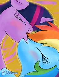 Size: 3000x3900 | Tagged: safe, artist:reinbou, derpibooru import, rainbow dash, twilight sparkle, alicorn, pegasus, pony, g4, abstract background, female, image, kissing, lesbian, png, shipping, twidash