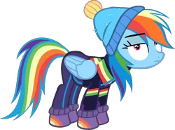 Size: 7036x5206 | Tagged: safe, artist:retroponybro, derpibooru import, edit, vector edit, rainbow dash, pegasus, pony, g4, clothes, folded wings, full body, hat, image, inkscape, looking at you, png, simple background, transparent background, vector, wings, winter hat