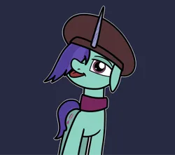 Size: 2048x1811 | Tagged: safe, artist:ewoudcponies, derpibooru import, onyx, pony, unicorn, g5, beret, blue background, dark blue background, female, floppy ears, hair over one eye, hat, horn, image, looking at you, mare, outline, png, simple background, solo, tongue out, white outline