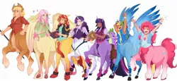 Size: 2047x943 | Tagged: safe, artist:inkrred, derpibooru import, applejack, fluttershy, pinkie pie, rainbow dash, rarity, spike, sunset shimmer, tank, twilight sparkle, centaur, human, taur, tortoise, g4, alicorn humanization, alternate mane seven, breasts, centaur pie, centaur sunset, centaur twilight, centaurdash, centaurified, centaurity, centaurjack, centaurshy, cleavage, clothes, eared humanization, eyes closed, female, floating heart, goggles, goggles on head, heart, horn, horned humanization, horse ears, humanized, image, jpeg, light skin, male, mane seven, mane six, open mouth, open smile, outstretched arms, pegataur, plaid shirt, shirt, simple background, smiling, species swap, spread wings, tan skin, uniform, white background, winged humanization, wings, wonderbolt trainee uniform