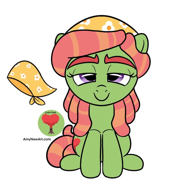 Size: 1555x1595 | Tagged: safe, artist:amynewblue, derpibooru import, tree hugger, earth pony, pony, g4, bandana, eyebrows, green pony, image, jpeg, purple eyes, simple background, tree, white background, youtooz