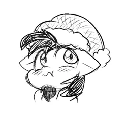 Size: 711x660 | Tagged: safe, artist:zutcha, derpibooru import, oc, oc:ace play, unofficial characters only, earth pony, pony, beard, blush lines, blushing, bust, christmas, facial hair, floppy ears, grayscale, hat, holiday, image, jpeg, looking away, male, monochrome, santa hat, simple background, solo, stallion, wavy mouth, white background