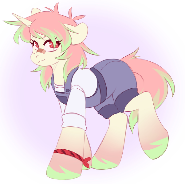 Size: 2048x2040 | Tagged: safe, artist:cheekipone, ponerpics import, oc, oc:willow wood, unofficial characters only, pony, unicorn, bandaid on nose, clothes, eyebrows, female, floppy ears, gradient background, horn, image, mare, overalls, png, raised leg, shirt, smiling, solo, three quarter view, unicorn horn, unicorn oc, unshorn fetlocks, walking, wristband