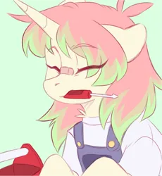 Size: 1275x1388 | Tagged: safe, artist:cheekipone, ponerpics import, oc, oc:willow wood, unofficial characters only, pony, unicorn, bandaid on nose, clothes, eyebrows visible through hair, eyes closed, female, floppy ears, green background, horn, image, mare, mouth hold, overalls, png, screwdriver, shirt, simple background, solo, toolbox, unicorn horn, unicorn oc, unshorn fetlocks, upper body