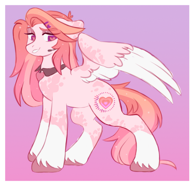 Size: 778x743 | Tagged: safe, artist:cheekipone, ponerpics import, oc, oc:coda wave, unofficial characters only, pegasus, pony, coat markings, eye clipping through hair, eyebrows visible through hair, eyeshadow, female, floppy ears, hairclip, heart, image, makeup, mare, mottled coat, partially open wings, passepartout, pegasus oc, pegasus wings, png, raised eyebrow, shirtless shirt collar, smiling, socks (coat marking), solo, sparkling mane, splotches, standing, two toned wings, unshorn fetlocks, wingding eyes, wings