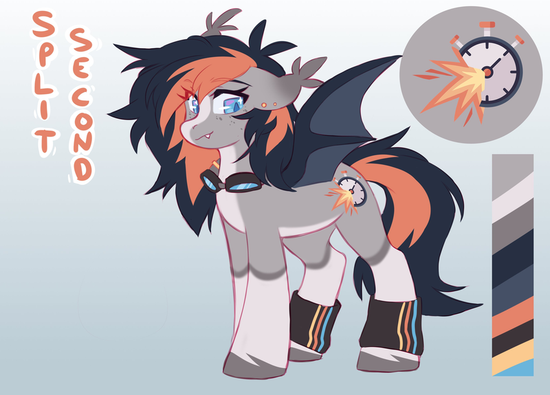 Size: 2048x1471 | Tagged: safe, artist:cheekipone, ponerpics import, oc, oc:split second, unofficial characters only, bat pony, pony, bat pony oc, bat wings, blaze (coat marking), color palette, cutie mark, ear piercing, ear tufts, eye clipping through hair, eyebrows visible through hair, fangs, female, floppy ears, freckles, goggles, goggles around neck, gradient background, image, leg warmers, mare, name, piercing, png, reference sheet, smiling, socks (coat marking), solo, spread wings, standing, three quarter view, two toned mane, two toned tail, unshorn fetlocks, wings, writing