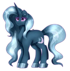 Size: 1280x1295 | Tagged: safe, artist:dazzlingmimi, derpibooru import, trixie, pony, unicorn, g4, cloven hooves, diamond pupils, female, horn, image, long legs, nightmare trixie, nightmarified, png, simple background, solo, solo female, starry hair, transparent background