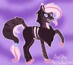 Size: 1048x927 | Tagged: safe, artist:azira faerinx, derpibooru import, oc, ponified, unofficial characters only, earth pony, pony, beads, blank flank, bone, brown coat, brown mane, chest fluff, colored, colored lineart, earth pony oc, female, heart, image, mare, multicolored eyes, multicolored hair, multicolored mane, multicolored tail, pink hooves, pink nose, png, pokémon, raised leg, sharp teeth, smiling, smirk, solo, solo female, stripes, tail, teeth, transformation, transformed, white ear tip