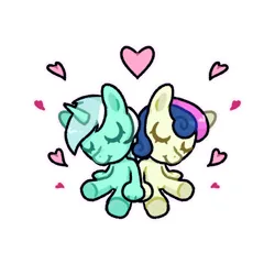 Size: 1000x1000 | Tagged: safe, derpibooru import, bon bon, lyra heartstrings, sweetie drops, earth pony, pony, unicorn, g4, chibi, cute, eyes closed, female, hands on pony, heart, horn, image, mare, png, simple background, sitting, smiling, white background