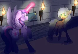 Size: 1780x1242 | Tagged: safe, artist:brybrychan, artist:bryonythewolf, derpibooru import, applejack, twilight sparkle, twilight sparkle (alicorn), alicorn, earth pony, pony, g4, applejack's hat, corridor, cowboy hat, duo, fanfic art, female, glow, glowing horn, hat, holes, horn, image, indoors, mare, png, raised hoof, surprised, torch