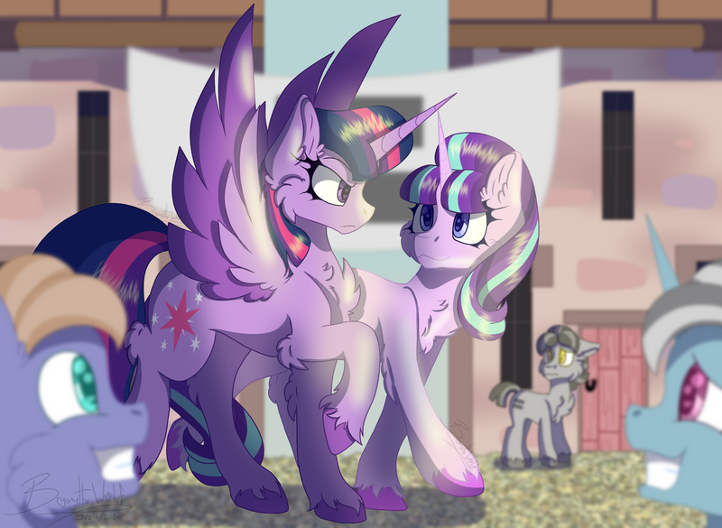 Size: 3078x2250 | Tagged: safe, artist:brybrychan, artist:bryonythewolf, derpibooru import, starlight glimmer, twilight sparkle, twilight sparkle (alicorn), alicorn, earth pony, pony, unicorn, g4, the cutie map, angry, chest fluff, high res, horn, image, moon dust, moonstone (g4), my little pony, our town, png, s5 starlight, smiling, spread wings, sunny song, unshorn fetlocks, walking, wings