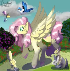 Size: 3126x3173 | Tagged: safe, artist:brybrychan, artist:bryonythewolf, derpibooru import, fluttershy, bird, blue jay, butterfly, insect, pony, rabbit, weasel, g4, animal, female, flower, high res, image, mare, path, pink hooves, png, smiling, solo, spread wings, standing on two hooves, unshorn fetlocks, wings