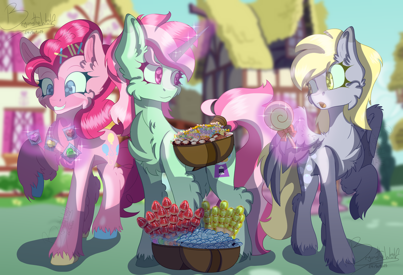 Size: 3728x2543 | Tagged: safe, artist:brybrychan, artist:bryonythewolf, derpibooru import, derpy hooves, minty bubblegum, pinkie pie, earth pony, pegasus, pony, unicorn, g4, alternate design, background pony, basket, candy, chest fluff, colored hooves, female, food, glow, glowing horn, grin, high res, hock fluff, hooves, horn, image, levitation, lollipop, magic, mare, png, ponyville, raised hoof, selling, smiling, telekinesis, trio, twitterina design, underp, unshorn fetlocks