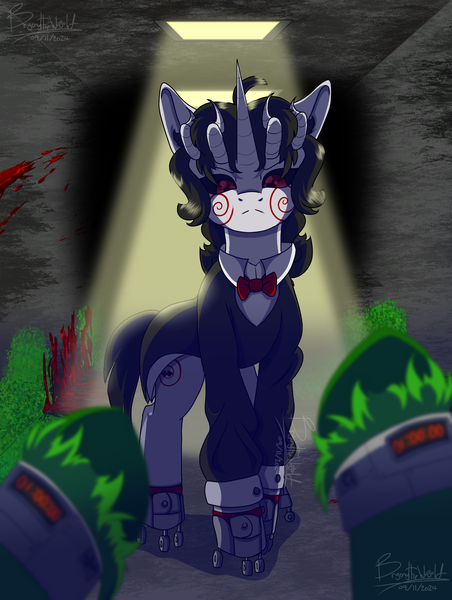 Size: 2127x2825 | Tagged: safe, artist:brybrychan, artist:bryonythewolf, derpibooru import, oc, ponified, pony, unicorn, billy the puppet, clothes, high res, horn, horns, image, looking at you, offscreen character, png, pov, roller skates, saw (movie), skates, tuxedo, unshorn fetlocks