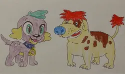 Size: 2771x1650 | Tagged: safe, anonymous artist, derpibooru import, spike, dog, equestria girls, g4, 2024, crossover, derpibooru exclusive, duo, duo male, image, jpeg, male, simple background, smiling, traditional art, white background