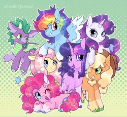 Size: 1071x988 | Tagged: safe, artist:strawbrrycereal, derpibooru import, applejack, fluttershy, pinkie pie, rainbow dash, rarity, spike, twilight sparkle, g4, image, jpeg, mane seven, mane six