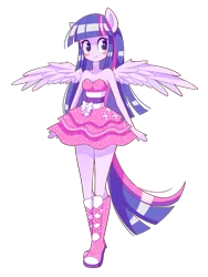 Size: 1500x1998 | Tagged: safe, artist:riouku, derpibooru import, twilight sparkle, twilight sparkle (alicorn), alicorn, equestria girls, g4, blushing, boots, clothes, cute, dress, fall formal outfits, female, high heel boots, image, png, ponied up, ponytail, shoes, simple background, skirt, sleeveless, solo, sparkles, strapless, transparent background, twilight ball dress, wings