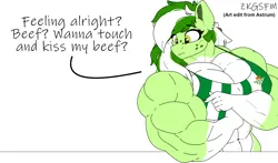 Size: 2800x1646 | Tagged: suggestive, alternate version, artist:astrum, artist:zgsfm, derpibooru import, edit, oc, oc:baetica castanets, unofficial characters only, anthro, unicorn, 2d, beef, big breasts, boobs? wanna touch boobs?, breasts, female, food, garden, horn, huge breasts, image, meat, meme, muscles, muscular female, nipples, nudity, outdoors, png, real betis, solo, solo female, sweat, table, trace