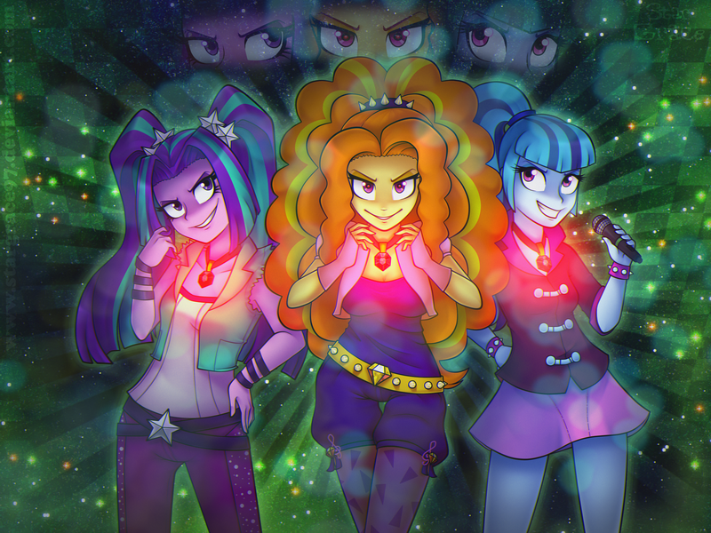 Size: 2560x1920 | Tagged: safe, artist:stargrace97, artist:stargureisu, derpibooru import, adagio dazzle, aria blaze, sonata dusk, human, equestria girls, g4, rainbow rocks, beautiful, belt, clothes, evil grin, female, fingerless gloves, gem, gloves, glow, grin, hand on hip, image, jewelry, leggings, looking at you, microphone, miniskirt, my little pony equestria girls: rainbow rocks, pants, pendant, pigtails, png, ponytail, siren gem, skirt, smiling, the dazzlings, trio, trio female, twintails