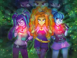 Size: 2560x1920 | Tagged: safe, artist:stargrace97, artist:stargureisu, derpibooru import, adagio dazzle, aria blaze, sonata dusk, human, equestria girls, g4, rainbow rocks, beautiful, belt, clothes, evil grin, female, fingerless gloves, gem, gloves, glow, grin, hand on hip, image, jewelry, leggings, looking at you, microphone, miniskirt, my little pony equestria girls: rainbow rocks, pants, pendant, pigtails, png, ponytail, siren gem, skirt, smiling, the dazzlings, trio, trio female, twintails