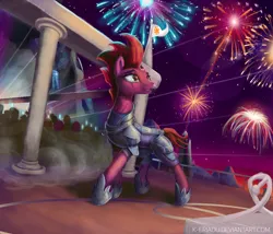 Size: 1052x900 | Tagged: safe, artist:eriadu, derpibooru import, fizzlepop berrytwist, tempest shadow, pony, unicorn, g4, my little pony: the movie, armor, broken horn, female, fireworks, horn, image, mare, night, outdoors, png, smiling, solo