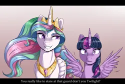 Size: 2186x1480 | Tagged: safe, artist:8bitamy, artist:vicse, derpibooru import, princess celestia, twilight sparkle, twilight sparkle (alicorn), alicorn, pony, g4, caption, collaboration, female, image, implied flash sentry, implied flashlight, implied shipping, implied straight, mare, png, spread wings, subtitles, text, wingboner, wings