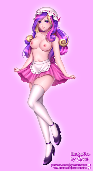 Size: 1592x2938 | Tagged: questionable, artist:depressiverami, derpibooru import, princess cadance, human, g4, breasts, clothes, cosplay, costume, female, high heels, humanized, image, maid, maid headdress, nipples, nudity, partial nudity, png, shoes, skirt, socks, solo, solo female, stockings, thigh highs, topless