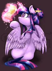 Size: 1200x1630 | Tagged: safe, artist:dragonfoxgirl, derpibooru import, twilight sparkle, twilight sparkle (alicorn), alicorn, pony, g4, alternate hairstyle, female, glow, glowing horn, horn, image, levitation, magic, mare, png, raised hoof, reading, scroll, simple background, sitting, solo, telekinesis, watermark