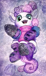 Size: 1200x1961 | Tagged: safe, artist:tsitra360, derpibooru import, sweetie belle, pony, unicorn, g4, boots, clothes, cute, daaaaaaaaaaaw, diasweetes, female, filly, foal, horn, image, looking at you, open mouth, png, scarf, shoes, smiling, snow, snowfall, solo, weapons-grade cute