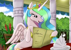 Size: 1024x724 | Tagged: safe, artist:neoshrek, derpibooru import, princess celestia, alicorn, pony, g4, female, image, jpeg, lunch, mare, menu, open mouth, restaurant, sitting, solo