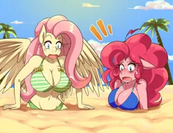 Size: 1024x788 | Tagged: suggestive, artist:traupa, derpibooru import, fluttershy, pinkie pie, anthro, earth pony, pegasus, g4, beach, big breasts, bikini, breasts, busty fluttershy, busty pinkie pie, clothes, commission, duo, female, huge breasts, image, jpeg, palm tree, quicksand, sand, sinking, stuck, swimsuit, tree, winged anthro, wings