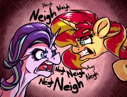 Size: 2792x2148 | Tagged: safe, artist:witchtaunter, derpibooru import, starlight glimmer, sunset shimmer, pony, unicorn, g4, angry, bust, descriptive noise, duo, female, gritted teeth, horn, horse noises, horses doing horse things, image, looking at each other, looking at someone, mare, neigh, open mouth, out of character, png, rageset shimmer, teeth, that pony sure have anger issues