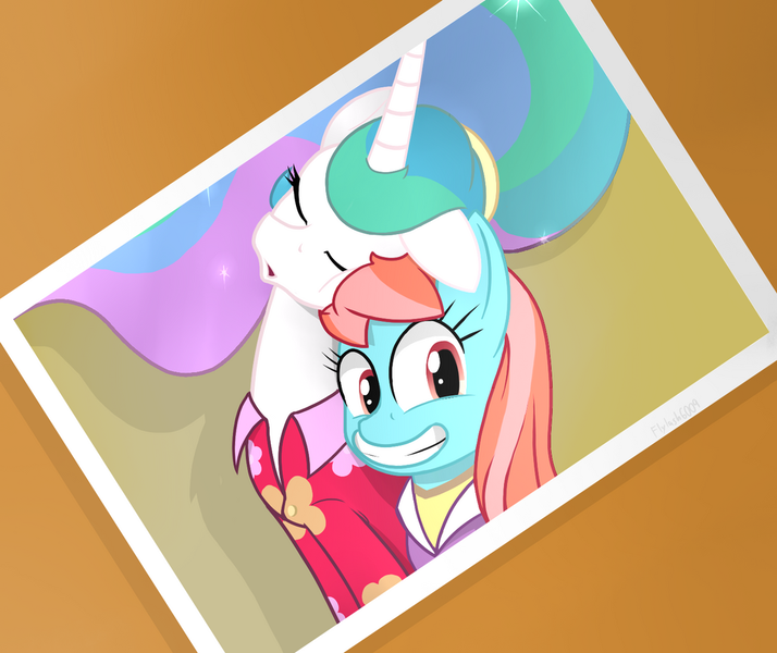 Size: 1024x861 | Tagged: safe, artist:flylash1, artist:flylash6009, derpibooru import, princess celestia, strawberry ice, alicorn, earth pony, pony, between dark and dawn, g4, clothes, cute, cutelestia, duo, female, hawaiian shirt, image, looking at you, mare, my little pony, photo, png, scene interpretation, selfie, shirt, sleeping, smiling