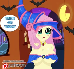 Size: 2540x2361 | Tagged: suggestive, artist:raydonxd, derpibooru import, fluttershy, bat pony, human, equestria girls, g4, bat ponified, big breasts, breasts, bust, busty fluttershy, clothes, dark magician girl, female, flutterbat, halloween, hips, holiday, image, patreon, patreon logo, png, race swap, solo, solo female, underboob, underwear