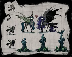 Size: 2000x1600 | Tagged: safe, artist:begasus, derpibooru import, nightmare moon, queen chrysalis, alicorn, changeling, changeling queen, pony, g4, bat wings, changeling guard, chrysmoon, claws, colored hooves, don't starve, female, glow, glowing eyes, heart, hooves, hybrid wings, image, jpeg, lesbian, mare, realistic horse legs, ship:chrysmoon, shipping, white eyes, wing claws, wings