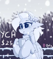 Size: 2000x2224 | Tagged: safe, artist:rieyadraws, derpibooru import, oc, unofficial characters only, pony, advertisement, bench, cheek fluff, chocolate, clothes, commission, ear fluff, floppy ears, food, holly, hoof hold, hot chocolate, image, jpeg, mug, open mouth, scarf, smiling, snow, snowfall, solo, sparkles, sparkly eyes, tree, wingding eyes, your character here