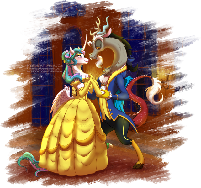 Size: 1300x1216 | Tagged: safe, artist:stepandy, derpibooru import, discord, princess celestia, alicorn, draconequus, pony, semi-anthro, g4, alternate hairstyle, beauty and the beast, belle, bipedal, clothes, crossover, curved horn, dislestia, disney, disney princess, disney style, dress, female, gown, horn, image, male, png, princess belle, shipping, simple background, straight, style emulation, the beast, transparent background