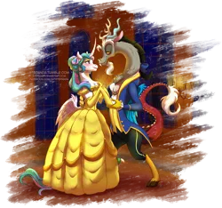 Size: 1300x1216 | Tagged: safe, artist:stepandy, derpibooru import, discord, princess celestia, alicorn, draconequus, pony, semi-anthro, g4, 18th century, alternate hairstyle, beast (beauty and the beast), beauty and the beast, belle, bipedal, clothes, cravat, crossover, curved horn, deadpan snarkers, dislestia, disney, disney princess, disney style, dress, europe, female, france, gothic horror, gown, horn, image, justacorps, male, northern europe, png, princess belle, shipping, shirt, simple background, straight, style emulation, the beast, transparent background, waistcoat