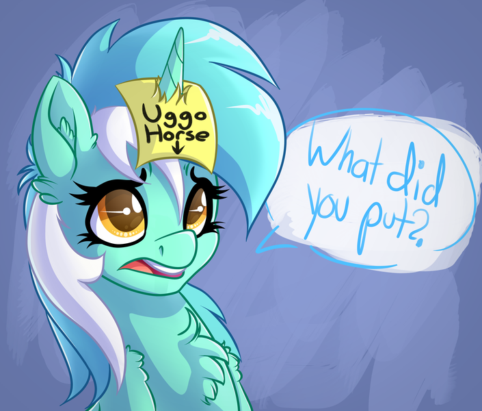 Size: 2654x2259 | Tagged: safe, artist:witchtaunter, derpibooru import, lyra heartstrings, pony, unicorn, g4, abuse, blatant lies, bully, bullying, chest fluff, dialogue, ear fluff, female, horn, image, lyrabuse, mare, png, sad, solo, sticky note