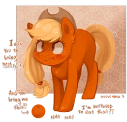 Size: 1050x1005 | Tagged: safe, artist:kyaokay, derpibooru import, applejack, earth pony, pony, g4, :t, angry, applejack is not amused, blushing, chest fluff, dialogue, dishonorapple, dissatisfied, female, fluffy, food, frown, image, missing cutie mark, nose wrinkle, orange, png, solo, unamused