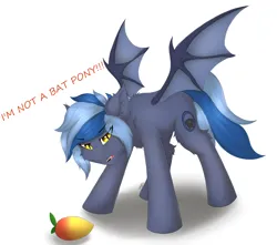 Size: 3299x2917 | Tagged: safe, artist:flapstune, derpibooru import, oc, oc:pixi feather, unofficial characters only, bat pony, pony, angry, angry face, bat pony oc, bat wings, chest fluff, ear fluff, fangs, female, fluffy, food, image, looking at you, mango, mare, png, signature, simple background, solo, spread wings, two toned mane, wings, yellow eyes