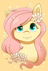 Size: 1548x2272 | Tagged: safe, artist:saber-panda, derpibooru import, fluttershy, pegasus, pony, g4, bust, cute, female, flower, flower in hair, image, looking up, mare, petals, png, portrait, shyabetes, simple background, solo, yellow background