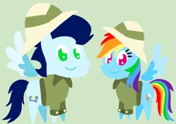 Size: 3553x2499 | Tagged: safe, anonymous artist, derpibooru import, rainbow dash, soarin', pegasus, pony, series:soarindash relationship, series:soarindash romantic tales, g4, clothes, cosplay, costume, daring do costume, derpibooru exclusive, female, image, looking at you, male, mare, png, pointy ponies, shipping, smiling, smiling at you, soarindash, stallion, straight