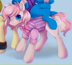 Size: 2019x1818 | Tagged: safe, artist:g4bby4ka, derpibooru import, oc, oc:milo, pony, blue coat, blue eyes, blushing, bow, bracelet, clothes, fluffy, image, jewelry, looking up, male, offscreen character, png, shirt, sitting, stallion, standing, teal sclera, two toned mane, vest, white coat, yellow coat