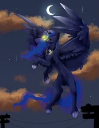 Size: 3611x4645 | Tagged: safe, artist:itzjaymoon20, derpibooru import, princess luna, alicorn, firefly (insect), insect, pony, g4, beautiful, blue eyes, blue mane, blue tail, cloud, concave belly, crescent moon, crown, cute, digital art, ethereal mane, ethereal tail, eyeshadow, feather, female, flowing mane, flowing tail, flying, glow, happy, high res, hoof shoes, horn, image, jewelry, lidded eyes, majestic, makeup, mare, moon, moonlight, night, night sky, outdoors, peytral, png, princess shoes, redraw, regalia, signature, sky, smiling, solo, sparkles, spread wings, starry mane, starry tail, stars, sternocleidomastoid, tail, unshorn fetlocks, wings