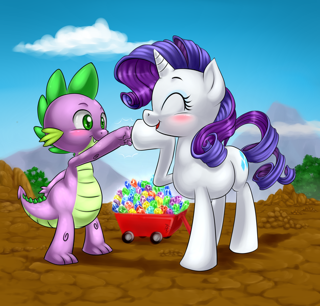 Size: 1957x1873 | Tagged: safe, artist:pia-sama, derpibooru import, rarity, spike, dragon, pony, unicorn, a dog and pony show, g4, blushing, cute, female, fist bump, friendshipping, gem, hoofbump, horn, image, looking at each other, looking at someone, mare, my little pony, outdoors, png, smiling, smiling at each other