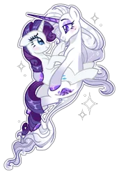 Size: 885x1292 | Tagged: safe, artist:lavender-bases, artist:lullabyprince, derpibooru import, rarity, pony, g4, base used, blushing, duality, duo, duo female, eyeshadow, female, hug, image, leonine tail, looking at each other, looking at someone, makeup, mare, png, redesign, self paradox, simple background, tail, transparent background, unshorn fetlocks